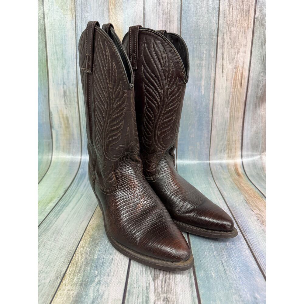Acme Western Cowboy Boots Teju Lizard Size 8D Pointed Toe Brown